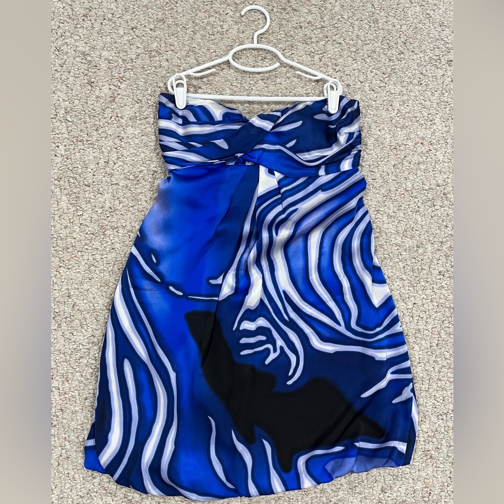 Cache Size 8 Blue & Black Silk Strapless Dress